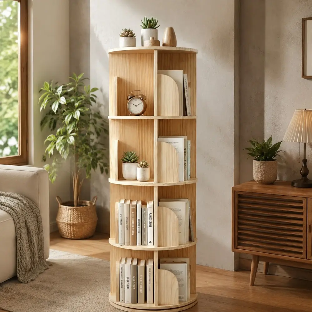 Littleox 4 Tier Rotating Bookshelf, Round Floor Standing Bookcase with 360° Spinning Storage, Wooden Display Shelf for Books, Décor and Toys, Natural.