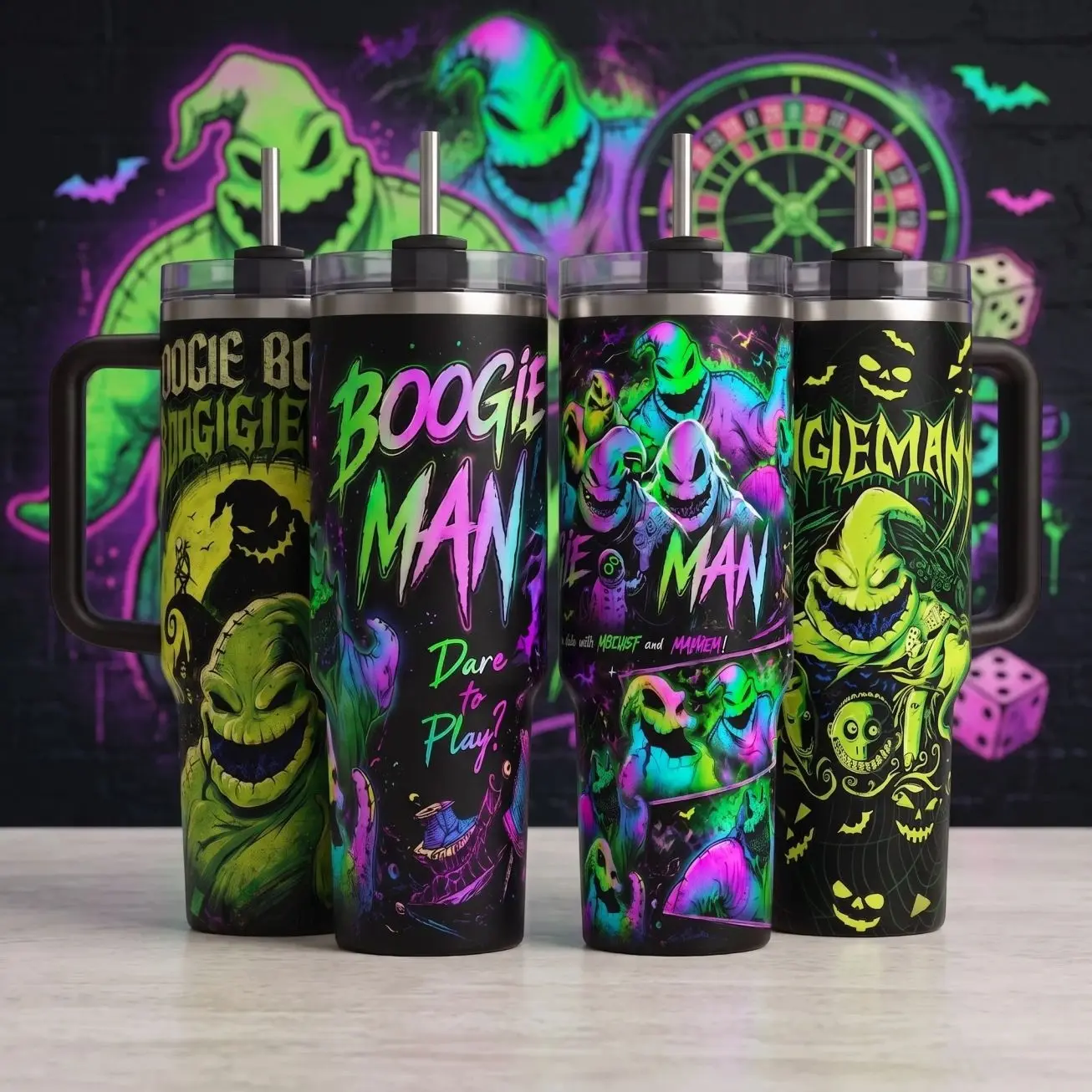 Oogie Gambling Bogeyman Tumbler, Halloween 40oz Cup with Handle, Movie Fan Gift, Nightmare Before Xmas Inspired Insulated Tumbler Featuring Neon Comic Style Graphic Design, Halloween Gift