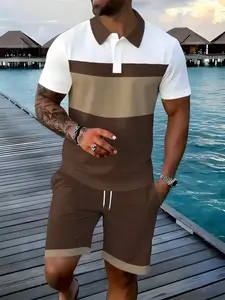 Men's Summer Colorblock Short Sleeve Polo Shirt Set, Casual Breathable Tropical Beach Vacation Two-Piece, Fashionable and Comfortable