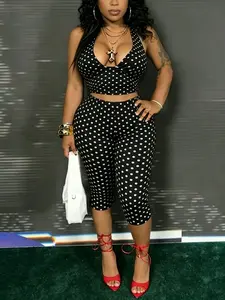 American Street Style Sexy Polka Dot Tank Top Set Womenswear, Deep V Waist Design, High Stretch Seven-Quarter Pants, Perfect for Outing and Dates