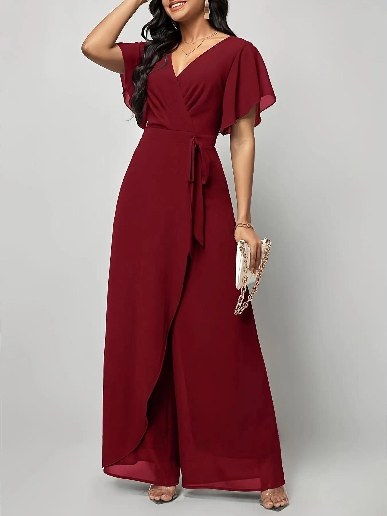 Women's Customized V-Neck Wrap Maxi Dress - Flutter Butterfly Sleeves, Lace-Up Waist Tie, Chic Lace Chiffon Fabric, Formal Party Wedding Guest Gown