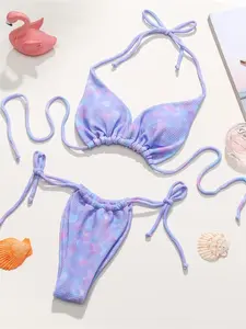 Two-piece Set Women's Tie Dye Print Tie Back Bikinis Swimsuit for Summer 2024, Halter Neck Wireless Top & Tie Side Bottom, Women's Swimwear for Summer Beach Holiday
