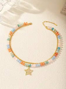Dopamine Natural Bead Layered Necklace, Summer Beachwear Accessory, Boho Style Baroque Pattern, Perfect for Vacation Season, Vintage Bohemian Jewelry, Trendy Jewelry, Fashionable Jewelry Accessories