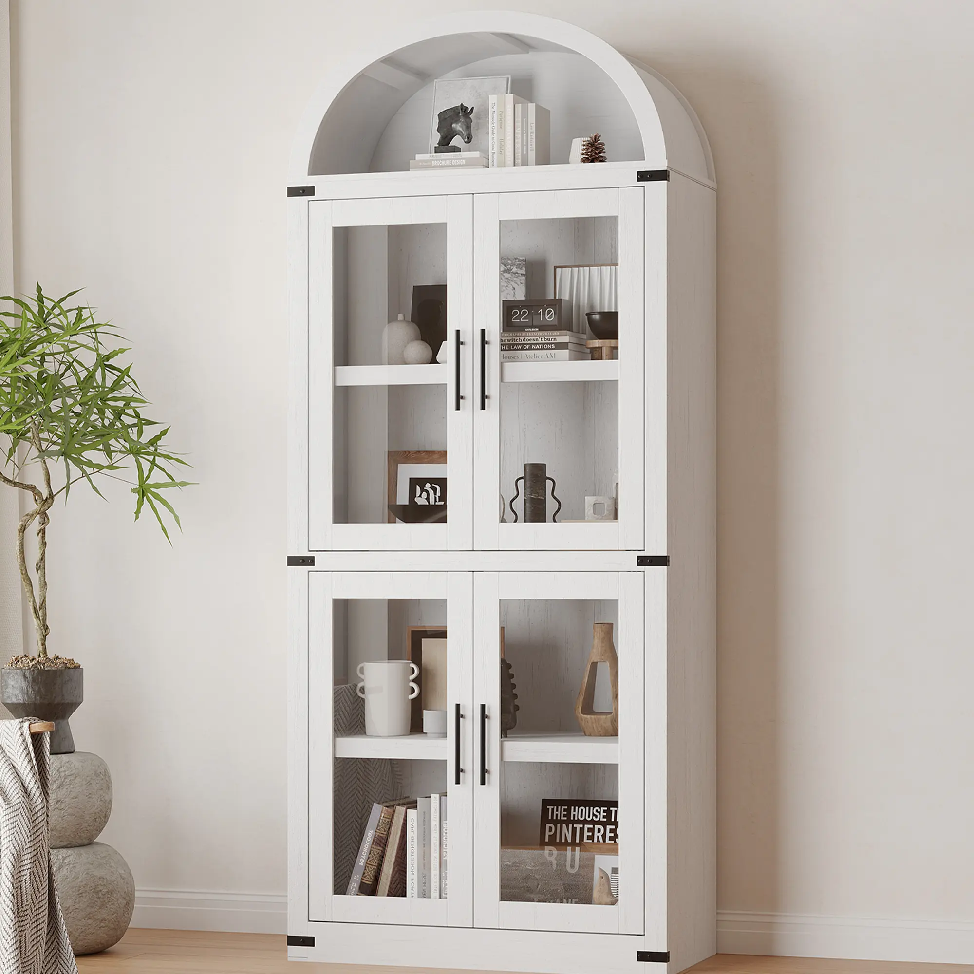 Arched Glass Door Tall Bookcase Cabinet - 4-Tier Slim Modern Farmhouse Office Furniture, Freestanding Narrow Storage Organizer for Living Room Home Library, Rustic White & Black with Extended Storage Solutions for Small Room Ideas Kitchen Pantry