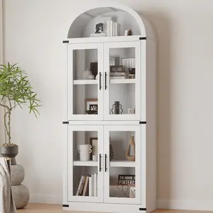 Arched Glass Door Tall Bookcase Cabinet, 4-Tier Slim Modern Display Storage Organizer, Freestanding Narrow Bookshelf for Living Room Entryway Home Office, Rustic White & Black