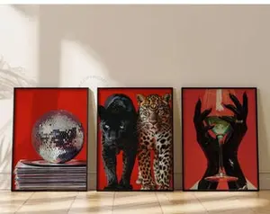 Set of 3 Red Prints, Mob Wife Wall Art, Glam Disco Poster Set, Red Leopard Art, Y2K Room Decor, Trendy Nightlife Prints