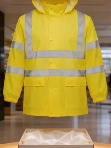 High Visibility Reflective Hooded Raincoat Jacket, 360 Degree Reflective Strips, Waterproof Windproof Fabric, Drawstring Hood Design