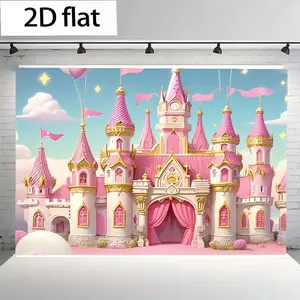 2D Flat 1PC Polyester Banner, Pink Princess Castle Theme Design, Featuring Dreamy Castle, Balloon & Cloud Elements, Sweet Fairy Tale Style, Indoor and Outdoor Use, Ideal for Princess Themed Parties, Kids Birthday Events, Photo Background