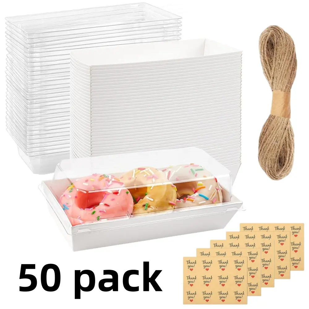 50 pcs Charcuterie Boxes with Clear Lids Rectangle To Go Food Tray White Bakery Boxes Paper Bakery Boxes for Sandwiches, Strawberries, Cookies, Cupcakes