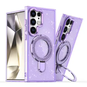 Luxurious Shiny Metal Stand with Magnetic Suction - Transparent Protective Case Cover - Suitable for Galaxy S26 S25 S24 S23 Ultra/ Plus/ FE Mobile Phone Cases Accessories Protector