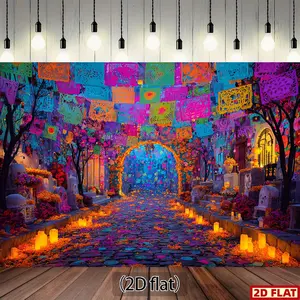 Mexican Folk Art Day of the Dead Backdrop - Realistic Mexican Folk Art Papel Picado Flags, Color-Coded Cemetery Path & Altar Arch with s - Easy Hang for Altars, Parties, Photo Booths - No Electricity