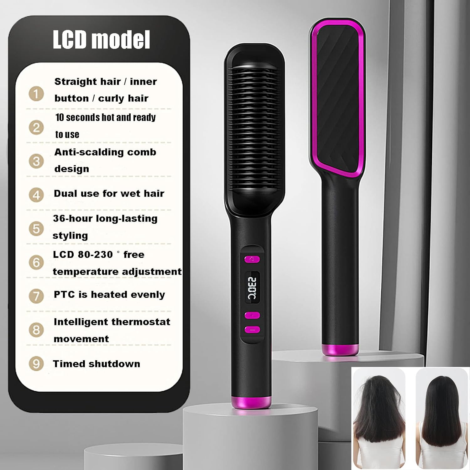 Hair Straightener Brush with LCD Display, 10s Fast Heating, Negative Ions, 5 Heat Settings, Anti-Scald Design, Salon-Grade Straightening Comb for Women & Men - Smooth Hair Straightener Brush with LCD Display, 10s Fast Heating, Negative Ions, 5 Heat Settings, Anti-Scald Design, Salon-Grade Straightening Comb for Women & Men - Smooth
