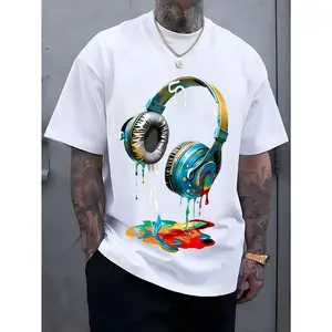 Men's Navy Blue Graphic Tee with Vibrant Headphone Print - 220g Thick Cotton, Casual & Trendy, Short Sleeve Crew Neck T-Shirt, Machine Washable for Summer Fashion, Street Fashion Tee | Graphic Print Shirt | Durable Casualwear