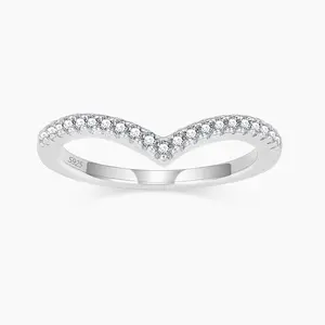 EAMTI 925 Sterling Silver Cubic Zirconia Half Eternity Ring V Shape Stacking Ring Minimalist CZ Statement Band for Women
