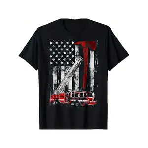 Firefighter Tribute T-Shirt - American Flag & Fire Truck Graphic Tee - Heavy Duty Firefighter Apparel - Soft Breathable Cotton Shirt - Unisex Crew Neck Short Sleeve Top - All-Season Comfort Fit - Machine Washable - Ideal Firefighter Gift for Men & Women -