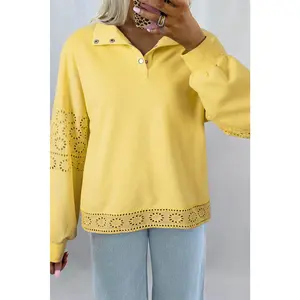 Floral Embroidered Patchwork Pullover with Snap Button Neckline