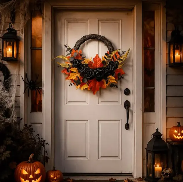 Artificial Gothic Halloween Black Rose Wreath with Orange Maple Leaves - Standard Outdoor-Safe Fall Floral Front Door Decor, Spooky Porch Wall Hanging, Home & Garden Gift decorative sculpture