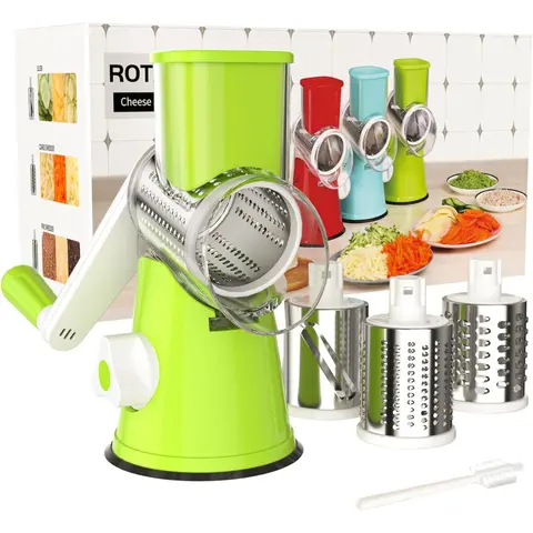 MIUVA Green Rotary Cheese Grater - BPA-Free ABS Plastic Kitchen Utensil with 3 Stainless Steel Blades, Non-slip Suction Base, Reusable Cleaning Brush, Arthritis-Friendly, Left-Handed Use, Ideal for Cheddar, Carrots