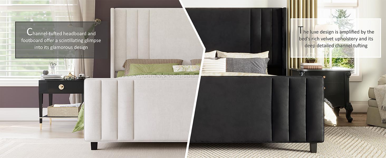 AMERLIFE Modern Bed Frame, Upholstered  Platform Bed with Vertical Channel Tufted Headboard & Footboard, Premium Velvet, Queen/King Size/Unique Bedroom Furniture/Best Gift Ideas/Christmas Gifts