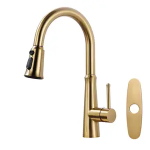 WOWOW SS304 Stainless Steel Single Handle Pull Down Sprayer Kitchen Faucet, 3-Function Multi-Mode Sprayer, with Deck Plate, Gold Finish, Ss304 Steel