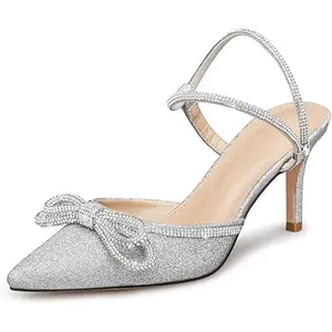New Susanny Womens Size 8.5 Silver Glitter Close Toe Rhinstone Bow 4" Heel Shoes Footwear Sandal
