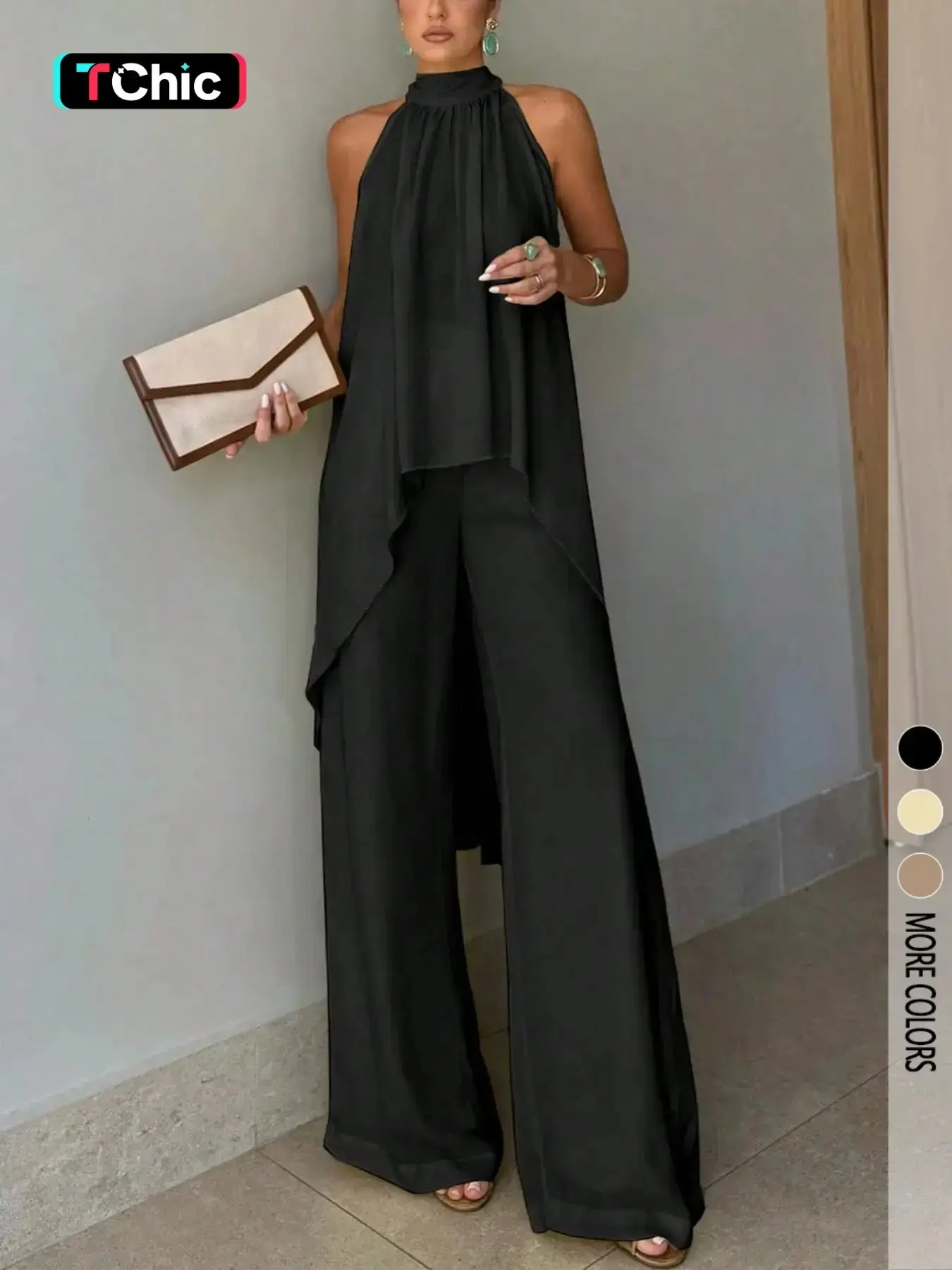 2-Piece Elegant Chic Casual Party Set, Asymmetric-Hem Halter-Neck Top & Wide-Leg Pants, Women's Vacation & Date Outfit, Spring/Summer