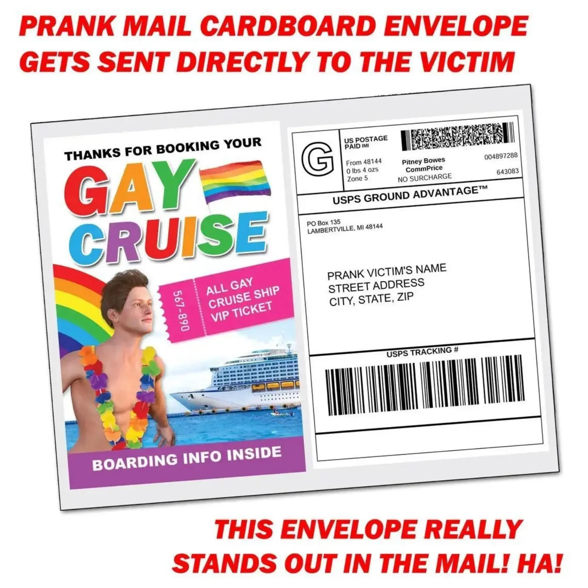 Gay Cruise Booking Prank Mailer - 100% Anonymous Humorous Embarrassing Gag Gift Package