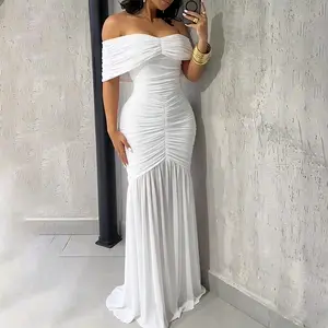 ChicMe Women's White Graduation Dress – Off Shoulder Ruched Mermaid Hem Wedding Guest Dress Formal Elegant