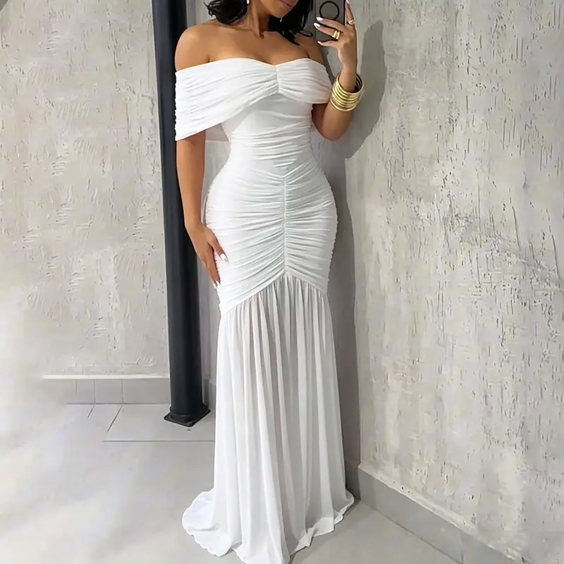 slim fit dress slacks Off the Shoulder White Satin Long Prom Dresses, Off Shoulder White Lon –  jbydress main image 0