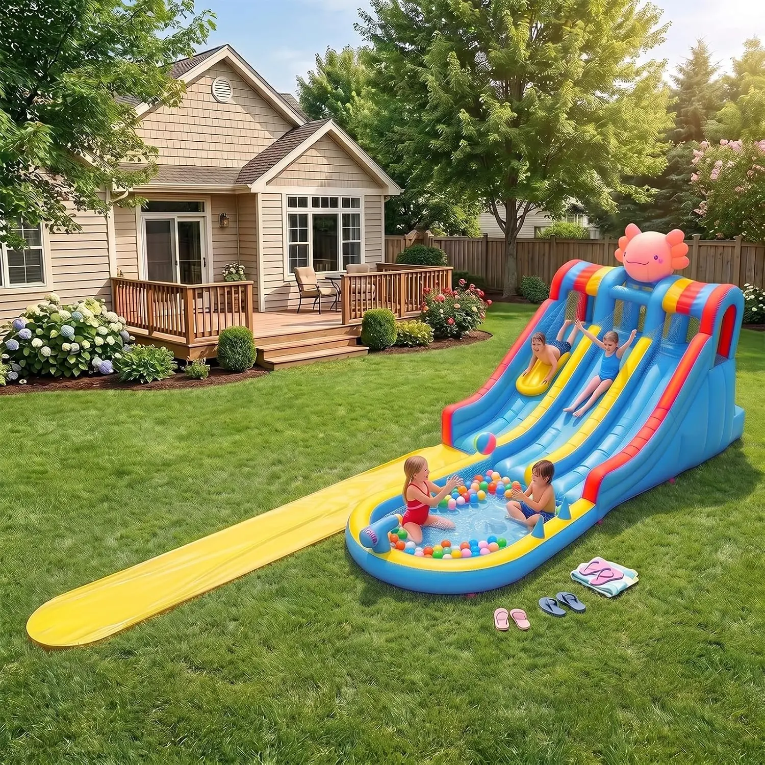 Gaomon 8-in-1 Inflatable Water Slide with Blower, Axolotl Theme Bounce House for Kids, Outdoor Indoor Water Park with Climbing Wall Slides Pool, Heavy Duty Oxford Fabric for Backyard Party