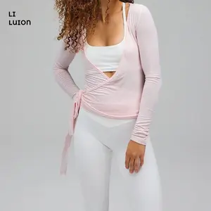 Women’s Cross Wrap Tie Tops Long Sleeve Deep V Neck Solid ColorFit T-Shirts Workout Blouses
