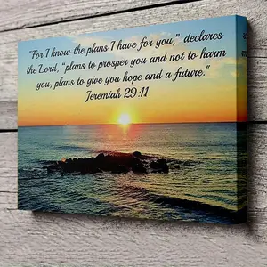 [2D Flat] 1pc Framed Canvas Painting - Jeremiah 29:11 Bible Verse Sunset Ocean Art - Inspirational Christian Wall Decor with Recycled Wood Frame - Ready-to-Hang Scripture Painting for Home, Church, Office - Jeremiah 29:11 Bible Verse Decoration - Chr