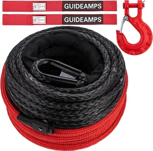 3/8" x 92ft Synthetic Winch Rope, 25,500LBS Duty Winch Cable with Protective Sleeve, Forged Winch Hook & Safety Strap for Off-Road 4x4, SUV, Jeep, Truck (Black)