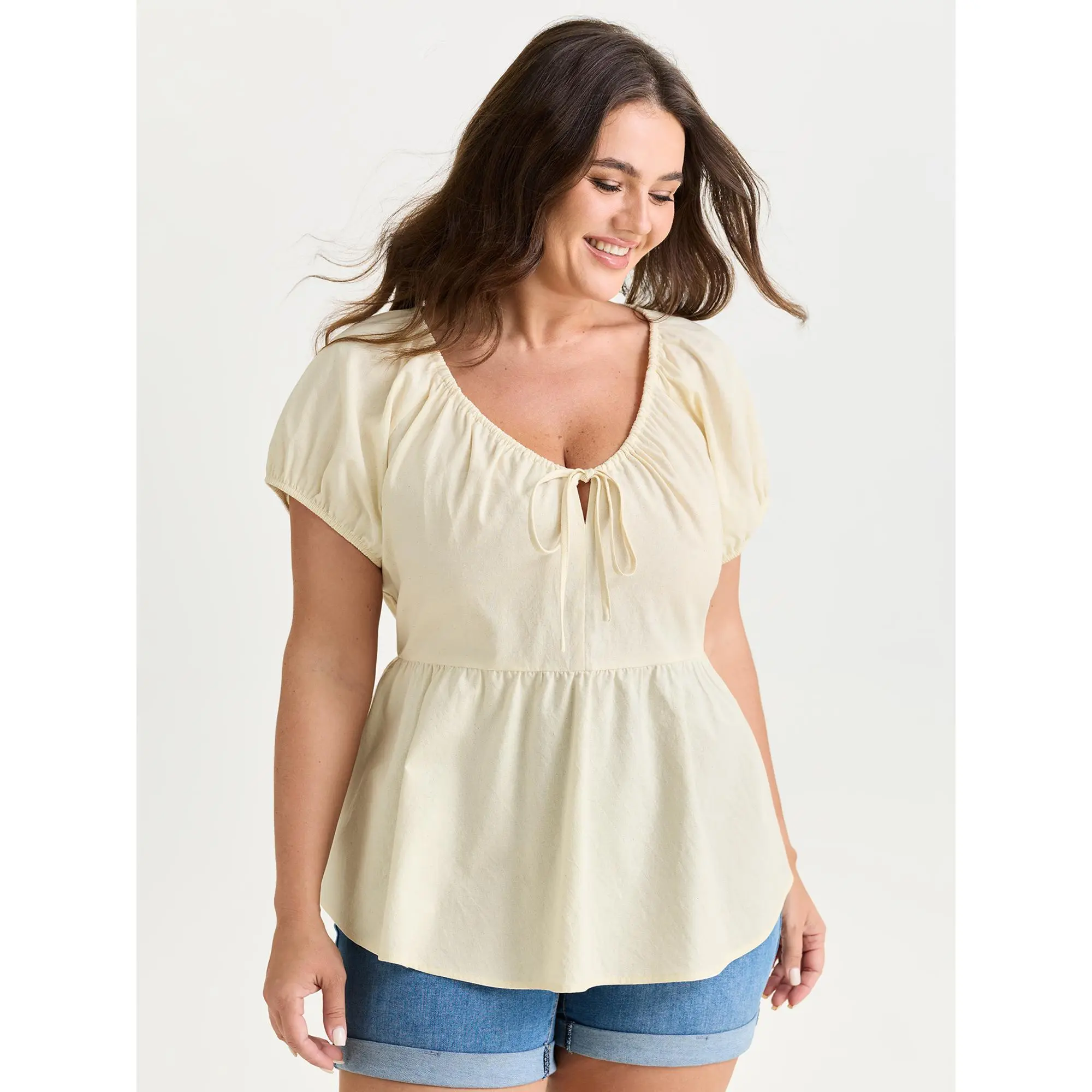 BloomChic Women's Plus Size Leisure Blouse in a Solid Cotton Linen Blend with a Ruched Drawstring Neckline and Short Raglan Sleeves, Shirts, Women's Clothes, Short Sleeves, Plus Size Clothes, Comfy Casual, Regular Length, Smooth, Garment, Basic, Fabric, R