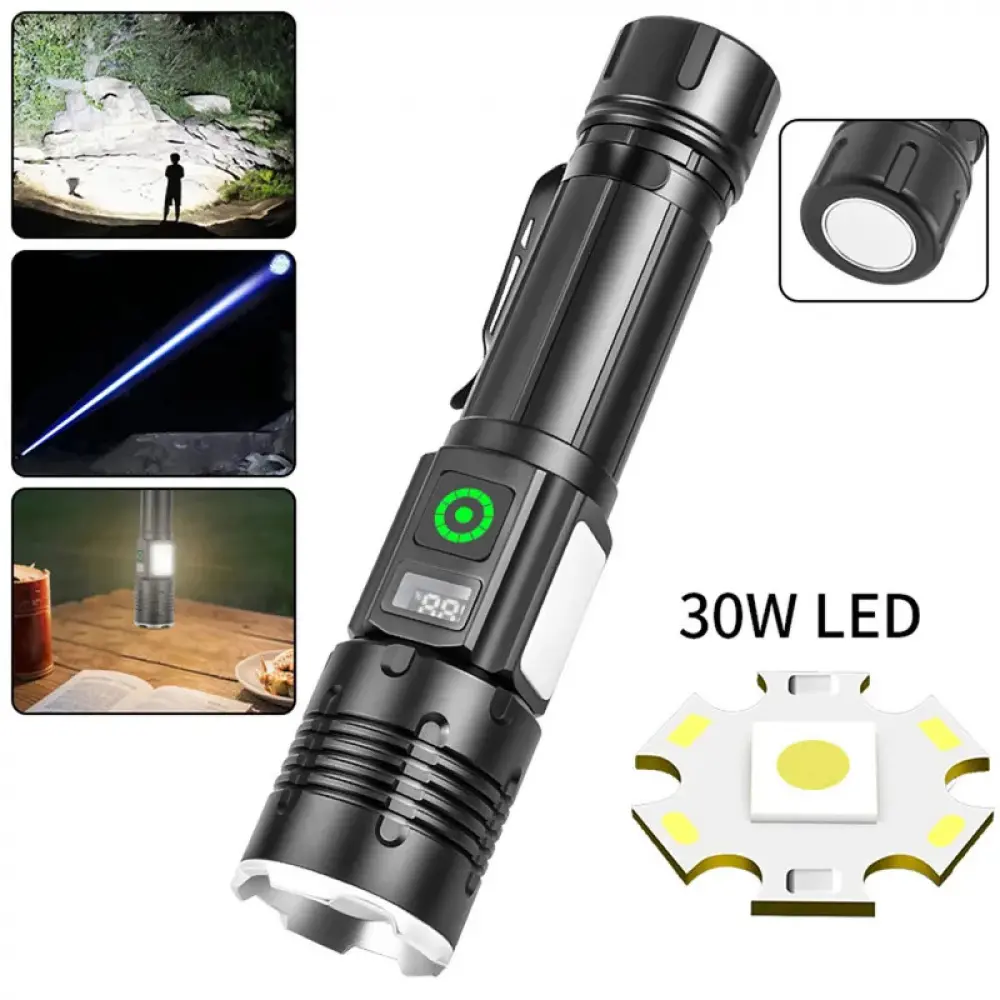 ✨ USB-C Rechargeable 800 Lumens Flashlight - 30W LED+COB Super Bright, Power Display, 5 Modes| Waterproof Tactical Light for Camping, Emergency, Power Outages