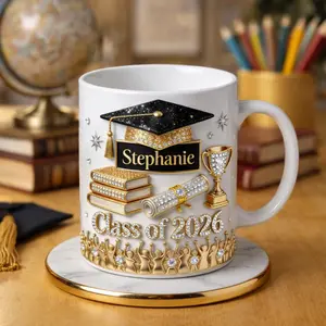 Custom Name Class of 2026 Graduation Mug, 2D Printed 3D Effect Gold Glitter Coffee Cup, Personalized Senior Keepsake for High School College Graduates, Perfect Graduation Day Achievement Gift for Students