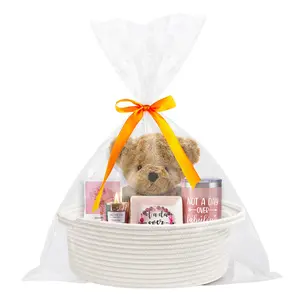 Small Woven Basket with Gift Bag and Ribbon – Empty Burr Basket for Gifts, Baby Shower, & Birthdays – Decorative Rope Storage Organizer for Shelves, 12"x8"x5",