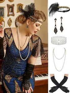 5pcs 1920s Flapper Gatsby Costume Accessories Set 20s Artificial Flapper Feather Headband Vintage Pearl Necklace Gloves Rhinestone Earrings Party Headpiece for Women