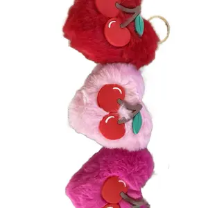 Heart Puff Shape Keychain - Red Pink & Magenta Fuzzy Design with Cherry Motif Key Accessory