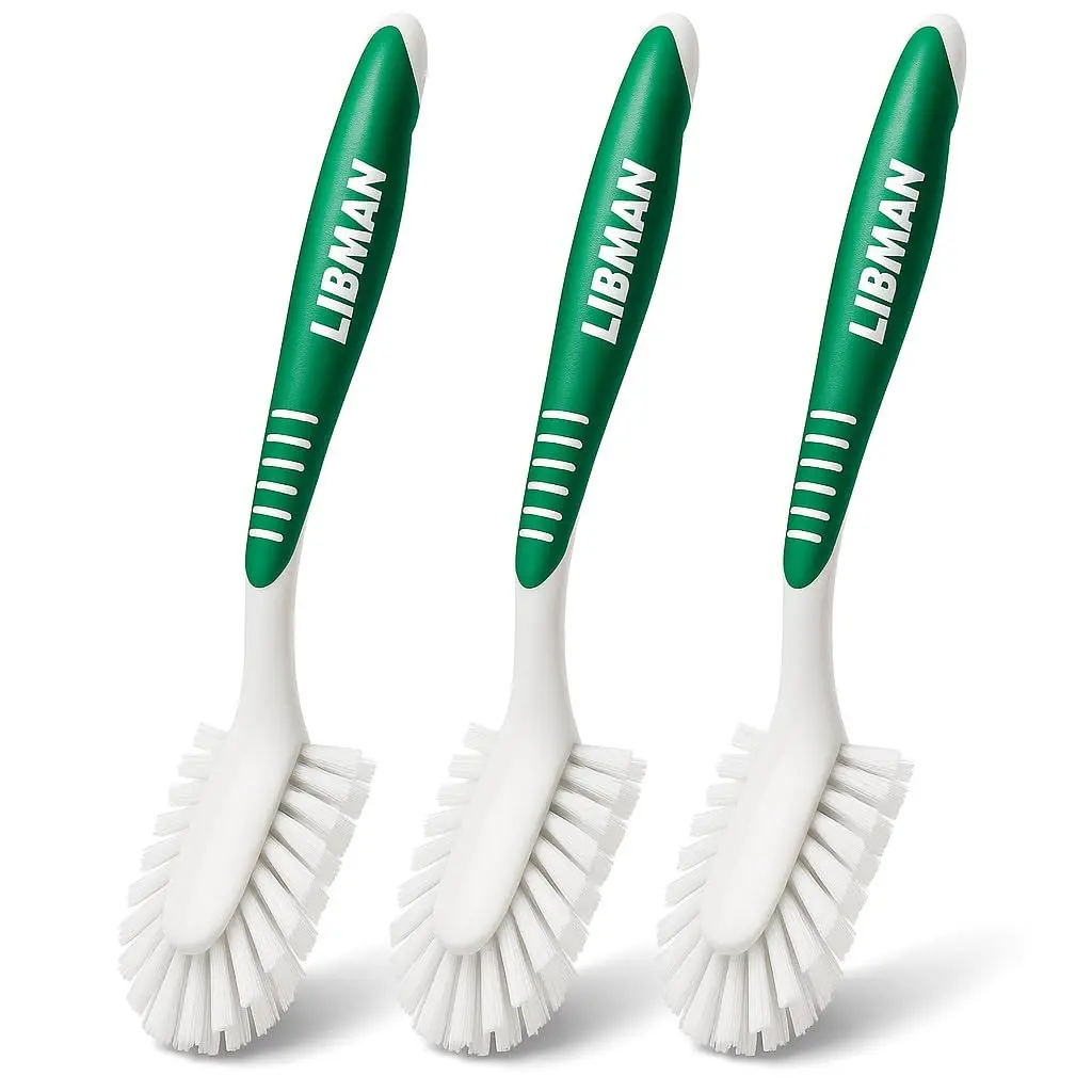 Libman Kitchen Scrub Brush with Long Handle for Dishes, Sinks, Pots, Pans, Bottles, and Vegetables - 3 Pack All Purpose Cleaning Brushes