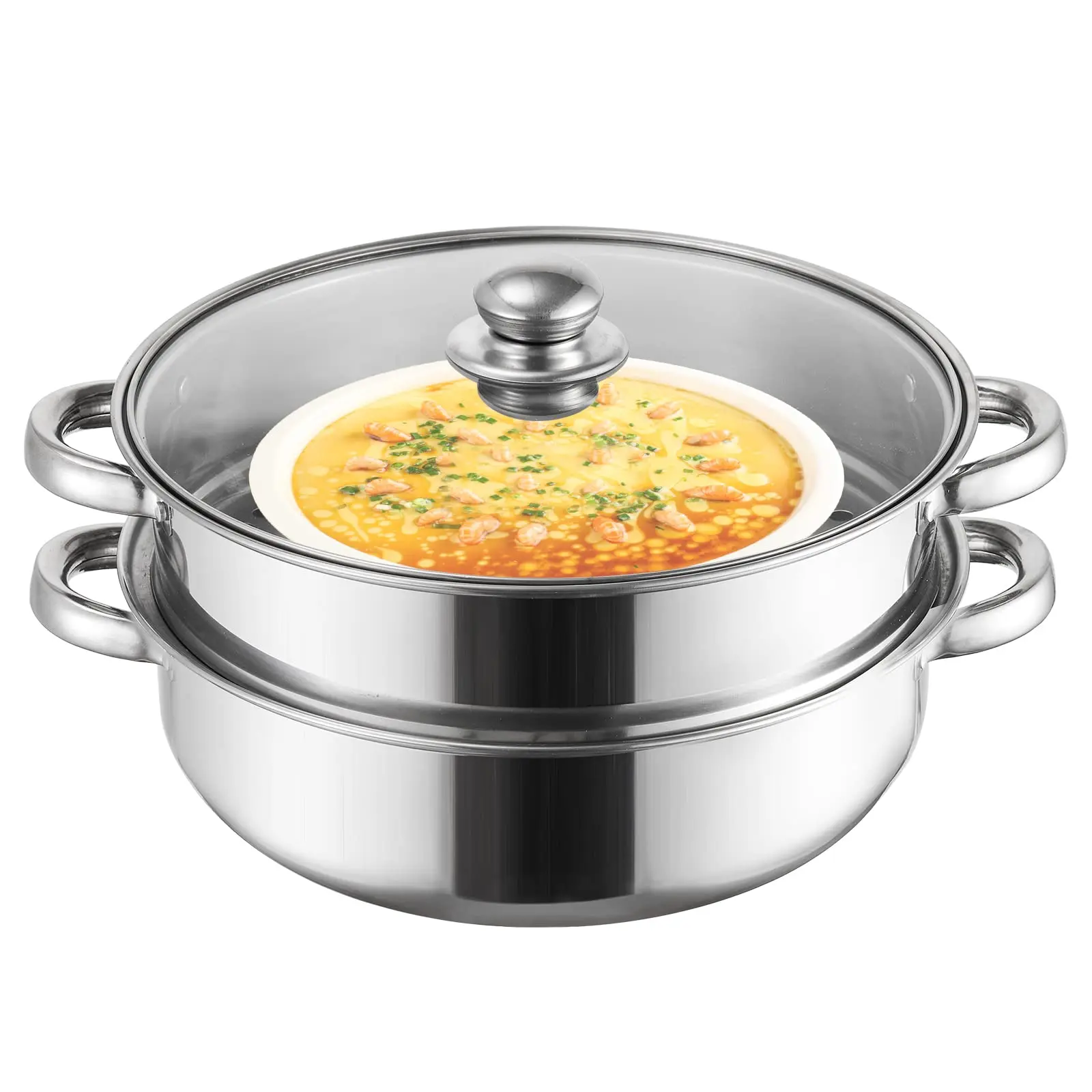 Steamer For Cooking  2 Tier Stack And Steam Pot Set With Glass Lid Stainless Steel Double Handle 11 Inch (thickened)