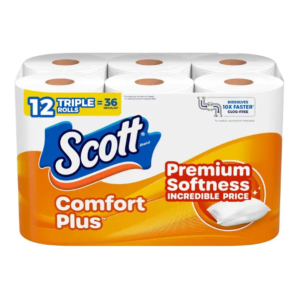 Scott ComfortPlus Toilet Paper, 12 Triple Rolls, 231 Sheets per Roll, Septic-Safe, 1-Ply Toilet Tissue Softness Bathroom Use