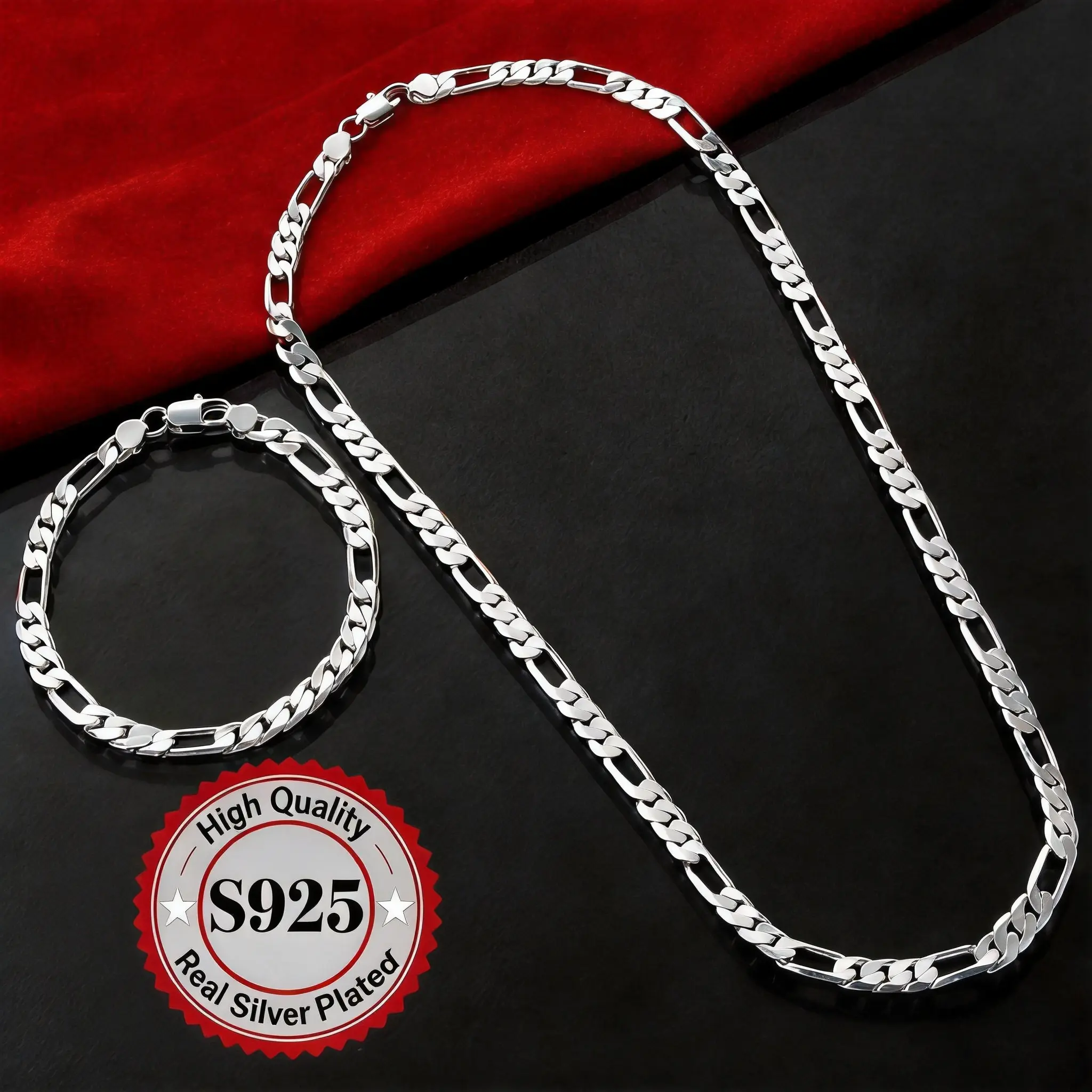 2Pcs 925 Silver Plated Triple Figaro Link Chain Jewelry Set, Necklace & Bracelet 2Pcs for Men Women, 4mm/6mm Width Optional, Hypoallergenic Tarnish Resistant Unisex Versatile Fashion Accessory