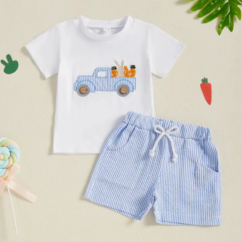 Boys 2Pcs Easter Outfit, Crew Neck Short Sleeve Truck Bunny Carrot Appliqué Tee Elastic Drawstring Waist Blue Thin Striped Pocket Shorts Kids Summer Casual Matching Set