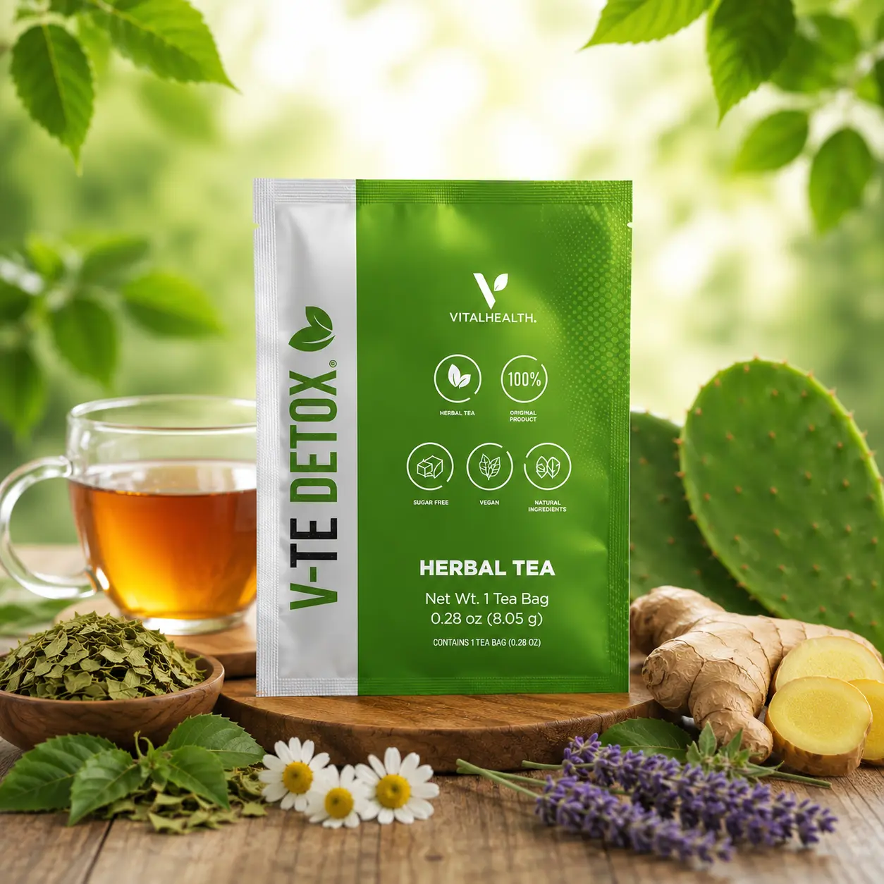 V-TE Herbal Tea Blend - Natural Ginger and Nopal Infusion (Pack of 1 or 6)
