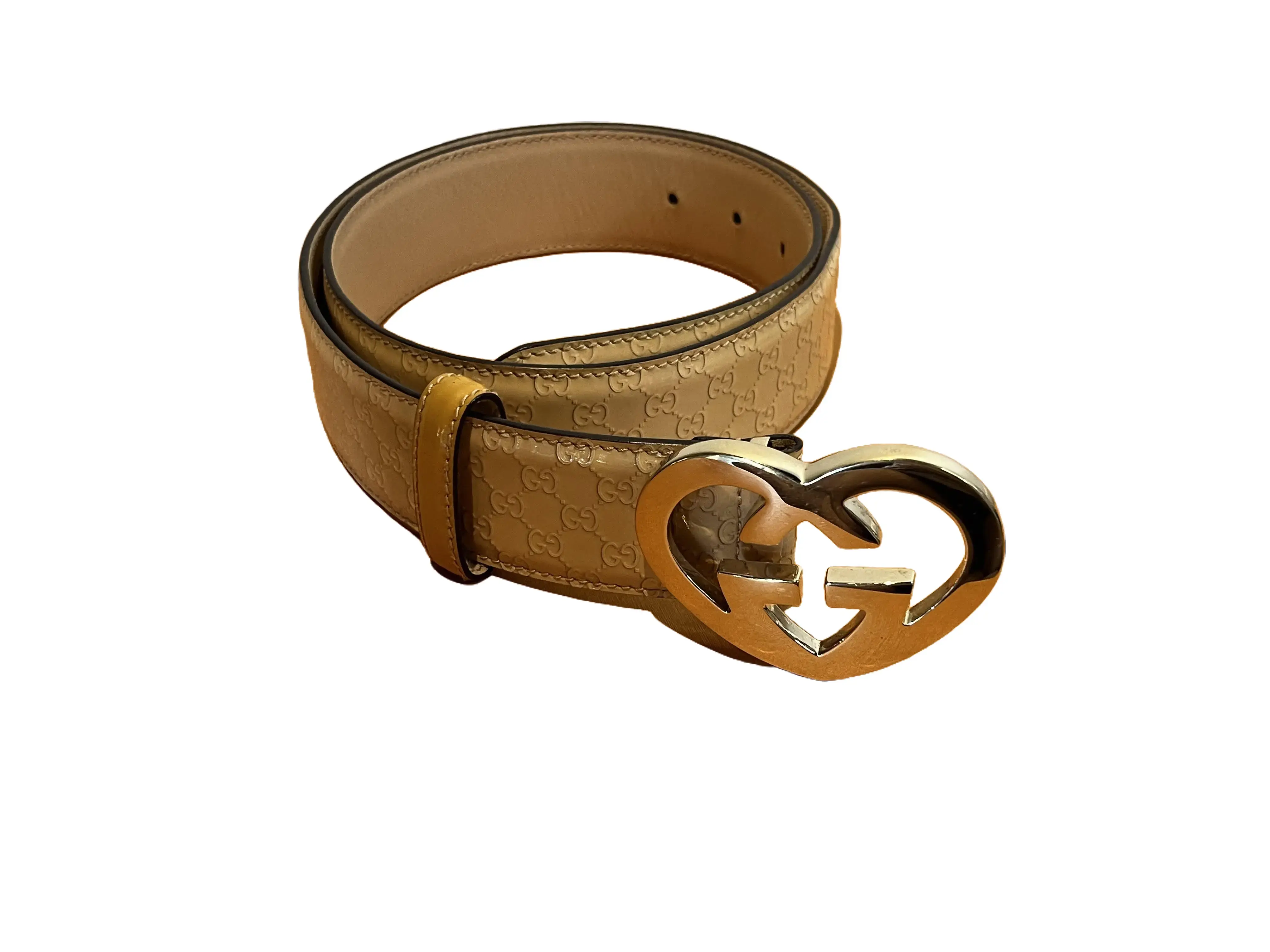 Pre-owned Gucci Patent Leather Neutral "Lovely Heart" Interlocking G Buckle Belt with Gold Tone Hardware 85/34