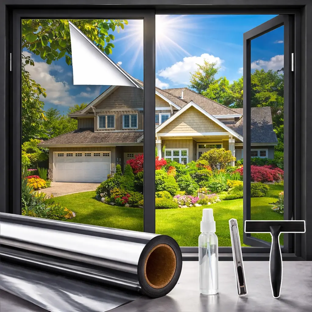 One-Way Privacy Window Film Kit with Tools, Black Reflective Mirror Tint, Adhesive PET Shatterproof Heat Control Film for Home, 17.5 x 78.7 Inch