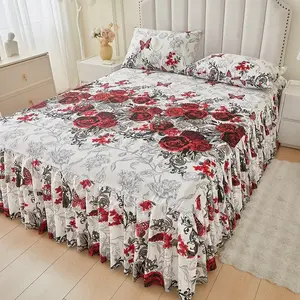 Floral Print Ruffled Edge Bed Skirt Set, 3 Counts/set Including 1 Bed Skirt & 2 Pillowcases without Filler, Comfy Bedding Set for Home Bedroom