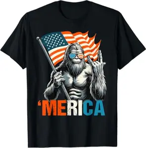 Bigfoot Merica Rock American Flag Patriotic 4th of July T-Shirt