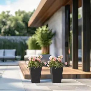 Large & Tall 14.18 In. High Square Charcoal Black Plastic Planter Pots for Indoor/Outdoor Plants (Set of 2) Sapcrete